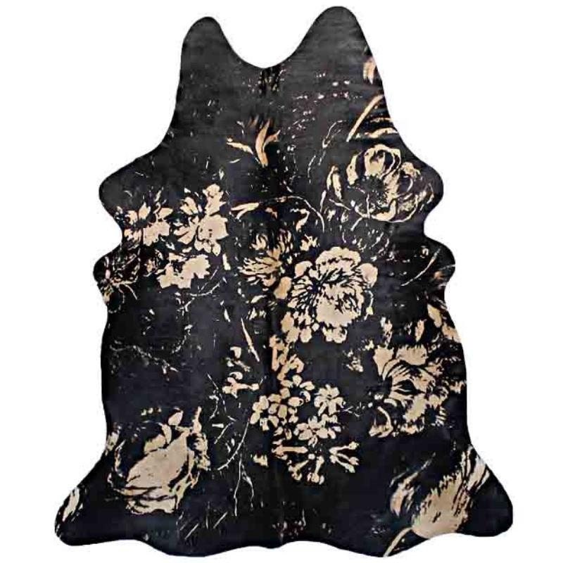 Floral Pattern Cowhide Rug Black Cowhide Rug Flower Print Cowhide Rug Rustic Home Decor New Home Gift